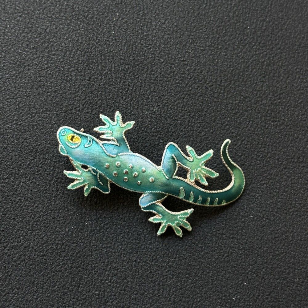 Vintage Zarah Sterling Silver Enamel Gecko Salamander Brooch Blue Green